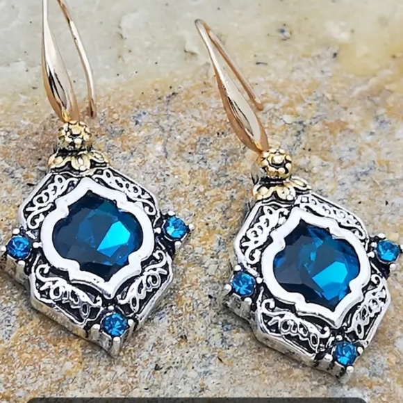 TWO TONE GOLD / STERLING TURQUOISE DANGLE EARRINGS - Picture 2 of 2